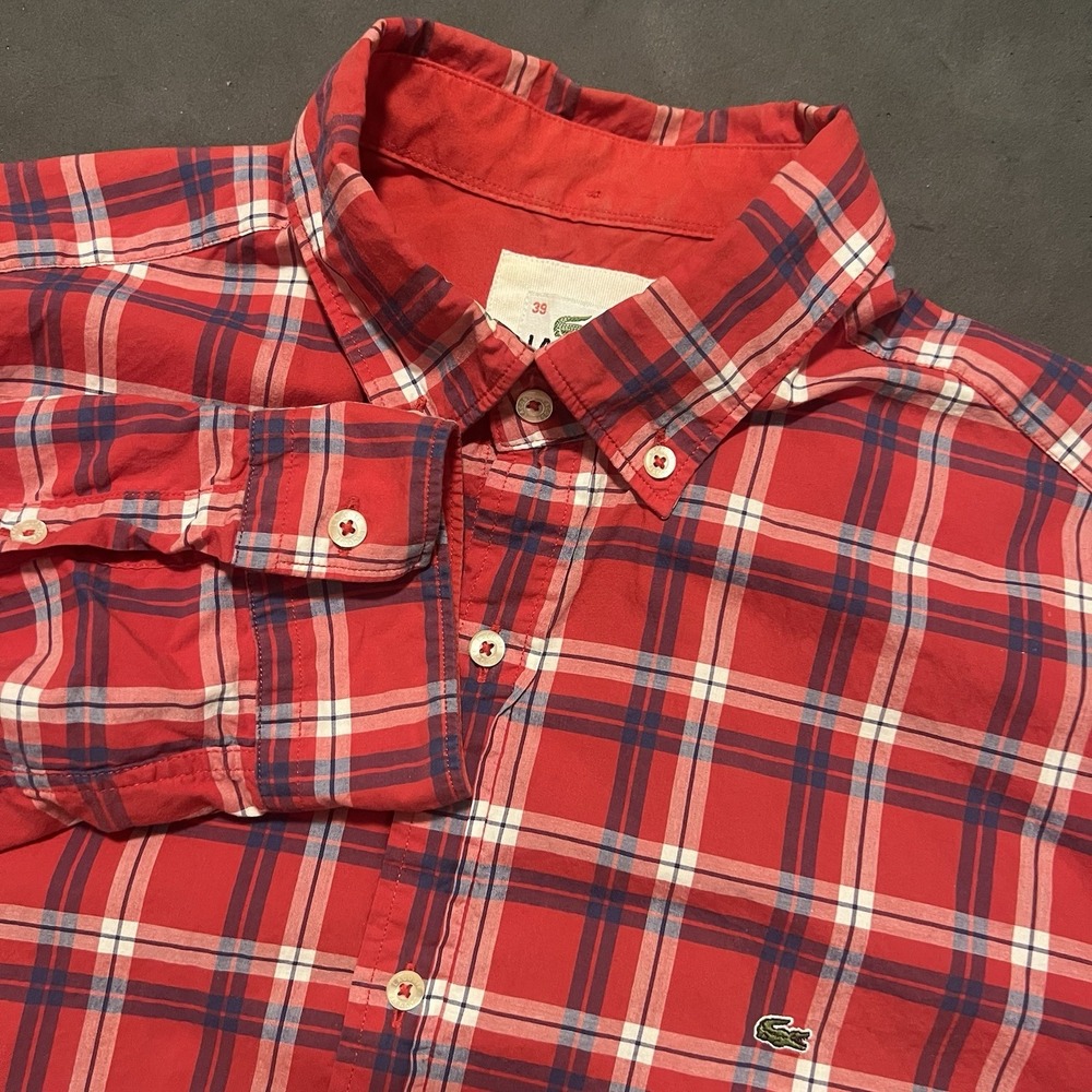 Lacoste Men Shirt Size 39 US Small S Regular Fit Gingham Plaid Red‎ Button Down